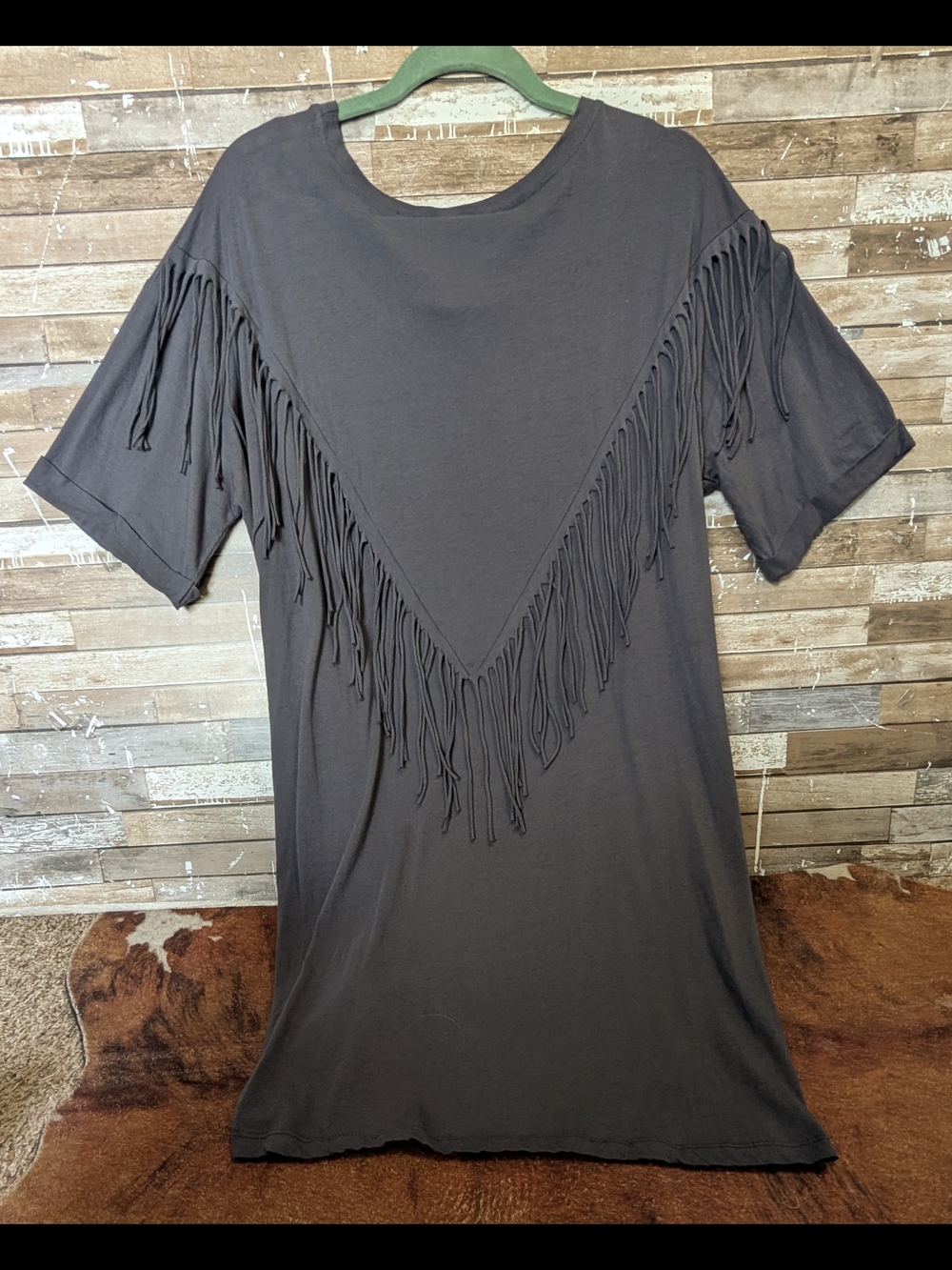 Grace & Emma Back V Shaped Fringe Front Knotted Dark Gray